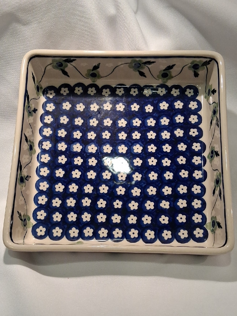 Boleslawiec Hand-Painted Blue Floral Square Ceramic Serving Dish Made In Poland